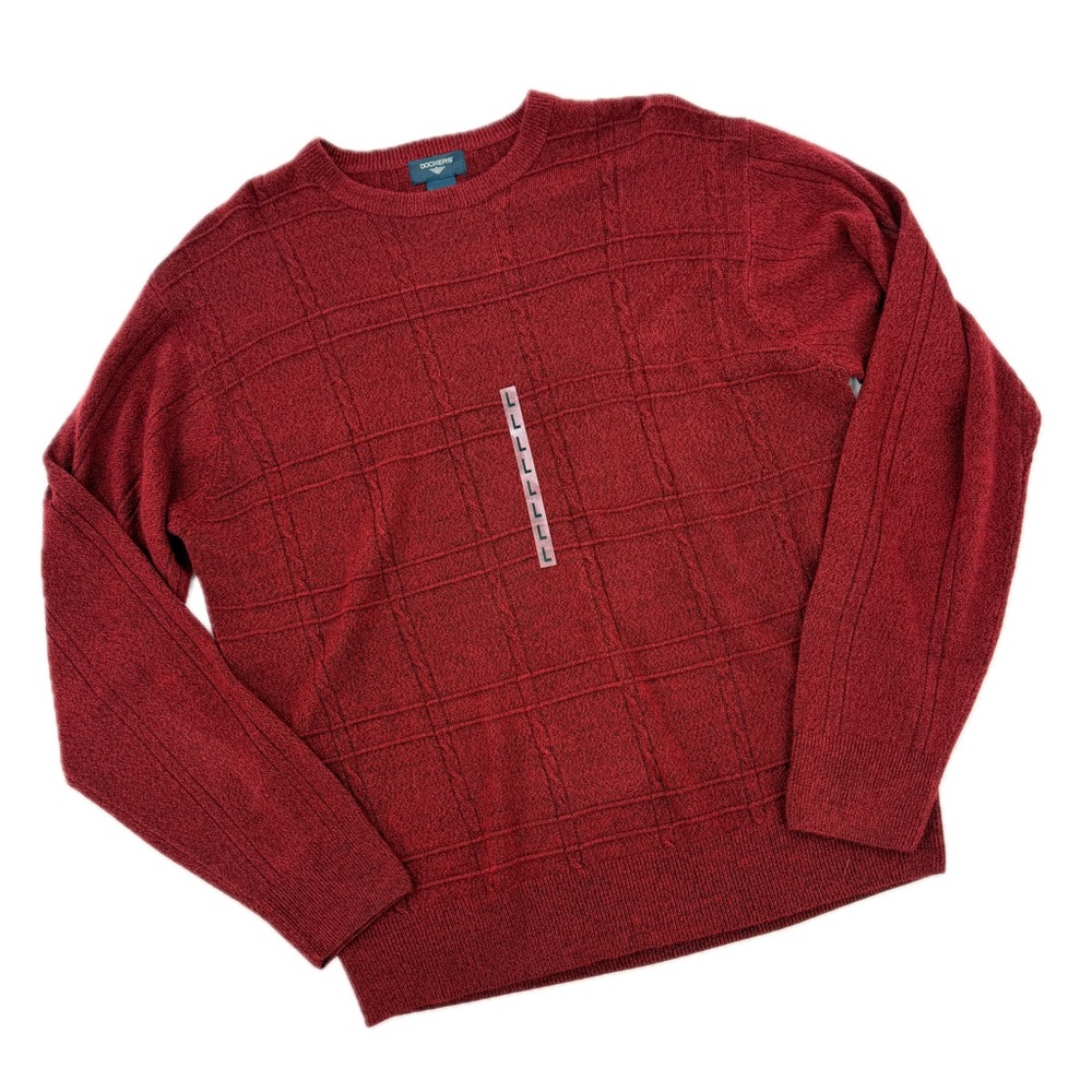 Dockers Soft Acrylic Red Marled Windowpane Crewneck Sweater Mens Size Large NEW! - Picture 8 of 13